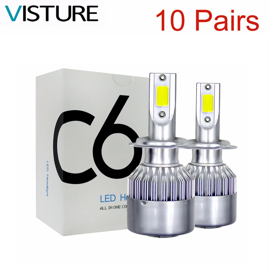 

10 pairs per lot car Led Headlight Bulbs Lamp H4 H7 H11 H8 H1 H3 Auto Car High low Beam 6000K LED light Visture C6