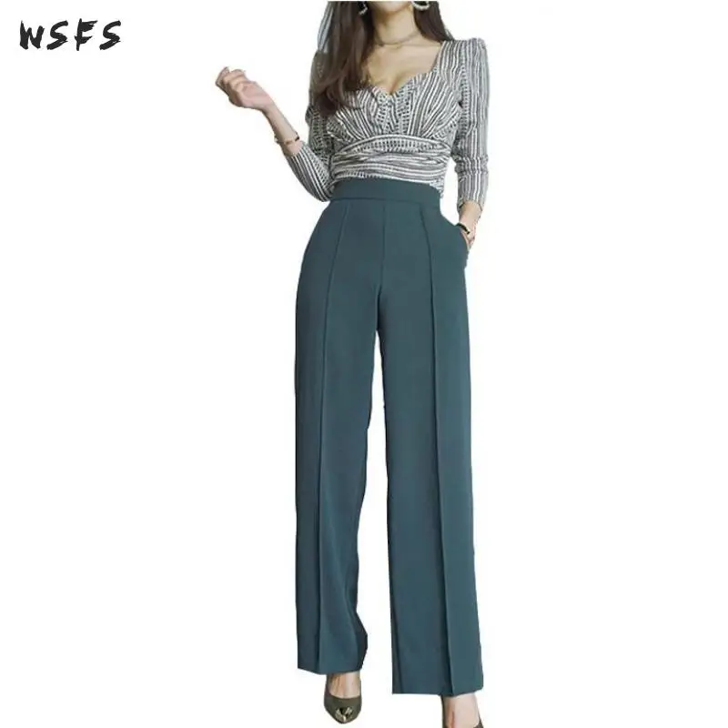 

2 Piece Set Autumn White Striped Full Sleeve Top Women Green Suits Office Ladies Bodycon Sexy Party Business Wide Leg Full Pants
