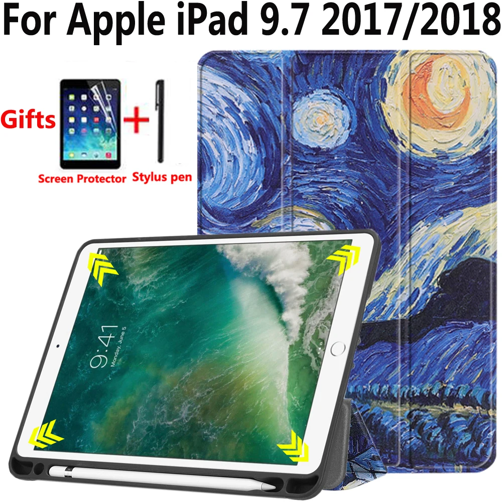 

For Apple iPad 9.7 2017/2018 5th/6th Generation Case with Pencil Holder Fold Smart Sleep Wake Cover for iPad Air 1/Air 2 9.7