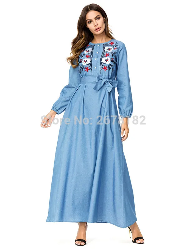 Цвет небесно-синий Длинные рукава Длинные платье из джинсовой ткани с поясом, лодыжки джинсы с вышивкой платья для Дубай Кафтан Анаркали Абаи мусульманский абайя