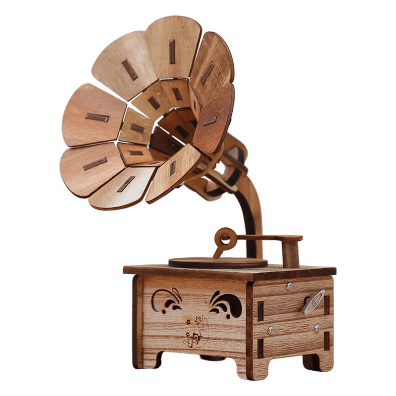 

Creative Wooden DIY Phonograph Music Box Sky City Music Player Model Room Decoration Miniatures Accessories Figurine Wood Craft