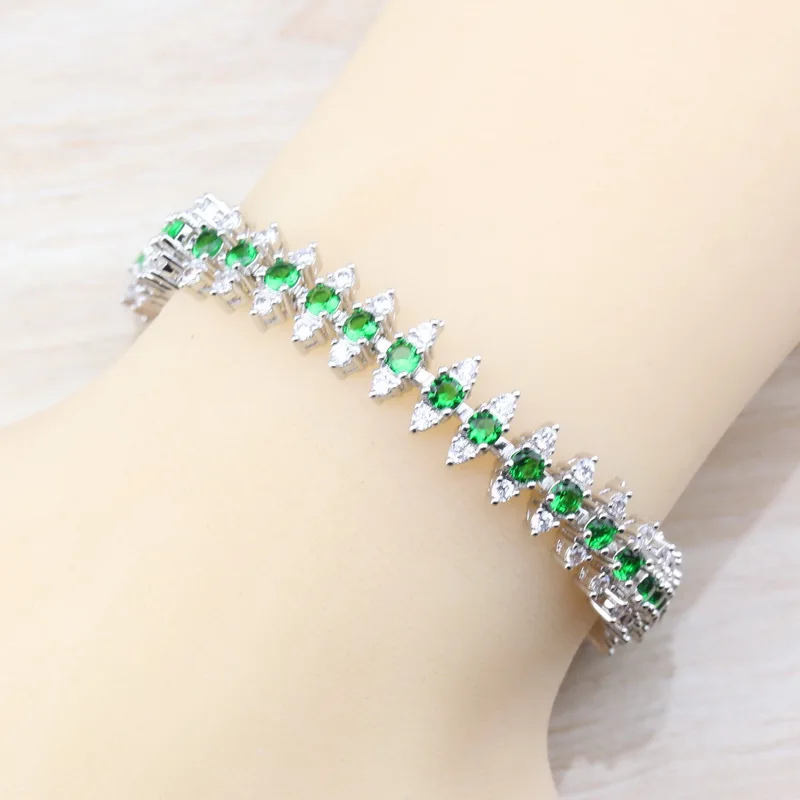 Очаровательные женские трендовые костюмы 925 пробы серебро натуральный зеленый камень CZ ювелирные изделия звено цепи браслет длина 17+ 2 см