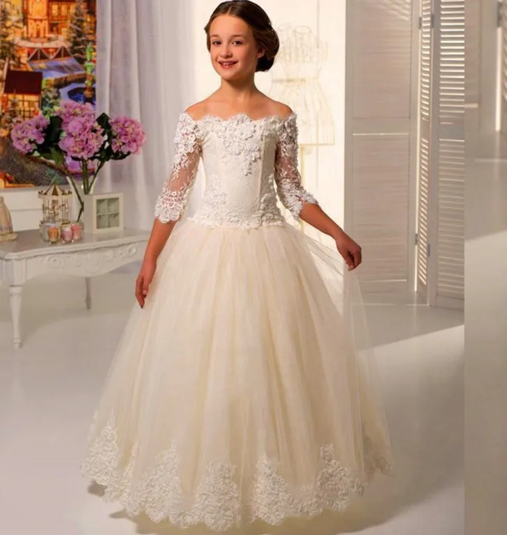 

Hollow to Floor Three Quarter Sleeve Girls Party Dress Kids Girl Wedding Birthday Ball Gown Princess Dress Girls Costume