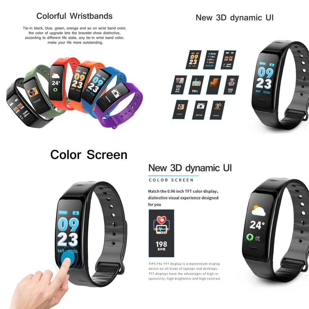 Color Screen C1S Smart Bracelet Waterproof Heart Rate Monitor Health Fitness Tracker Bluetooth Smart Watch for Sport PK MI Band 