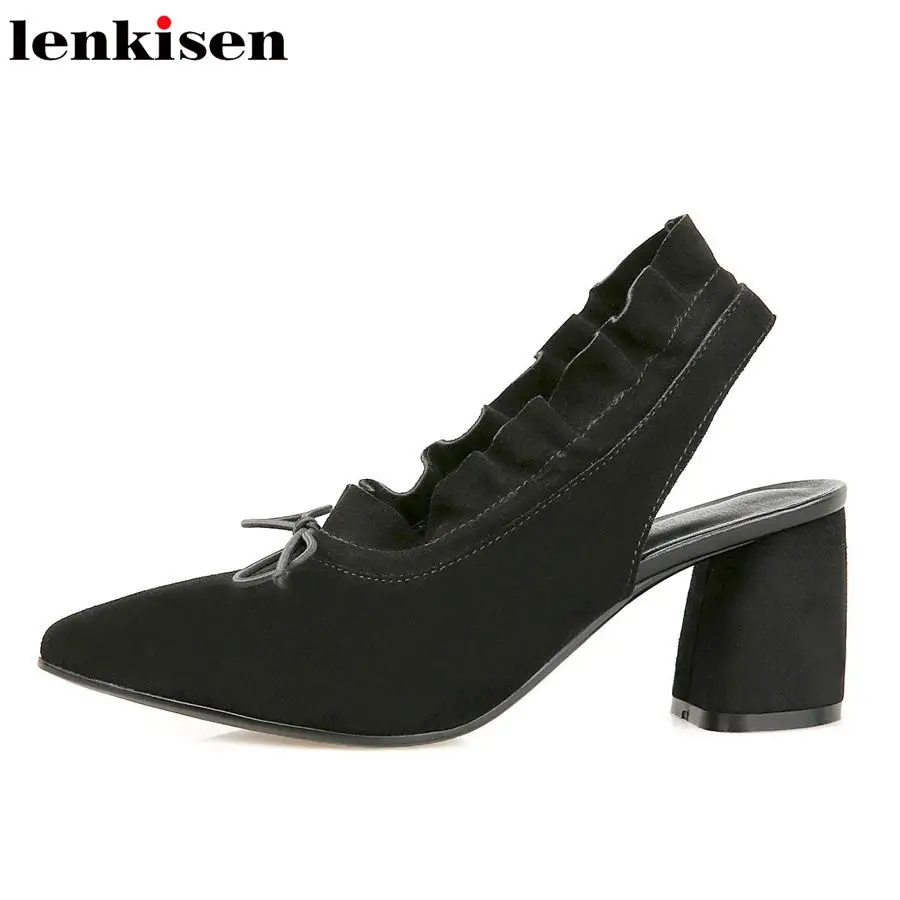 

Lenkisen 2018 elegant slingback pointed toe solid summer brand shoes high heels kid suede ruffles butterfly-knot women pump L9f5