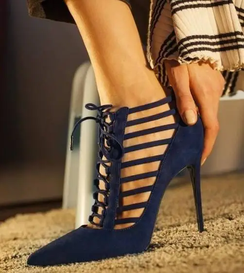 

Dipsloot New Design Women Pointed Toe PU Leather Dress Shoes For Ladies Cut-outs High Heels Gladiator Pumps Woman Lace-up Shoes
