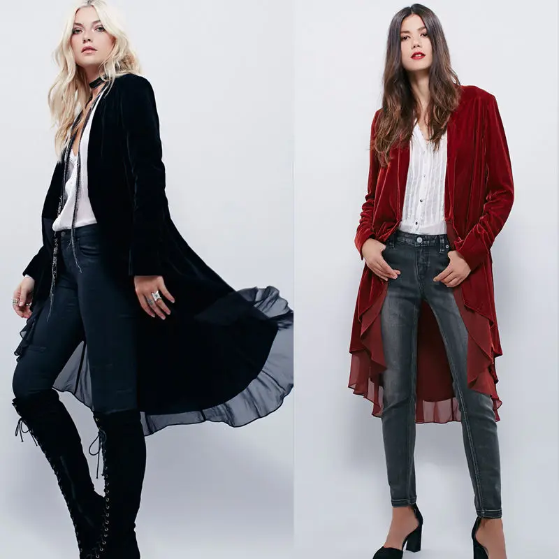 

New Velvet Womens Chiffon Trim Cardigan Wrap High Low Jacket Outwear Coat Blazer