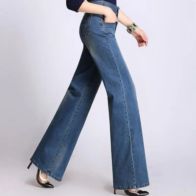 Plus size loose wide leg pants women's straight jeans full length ...