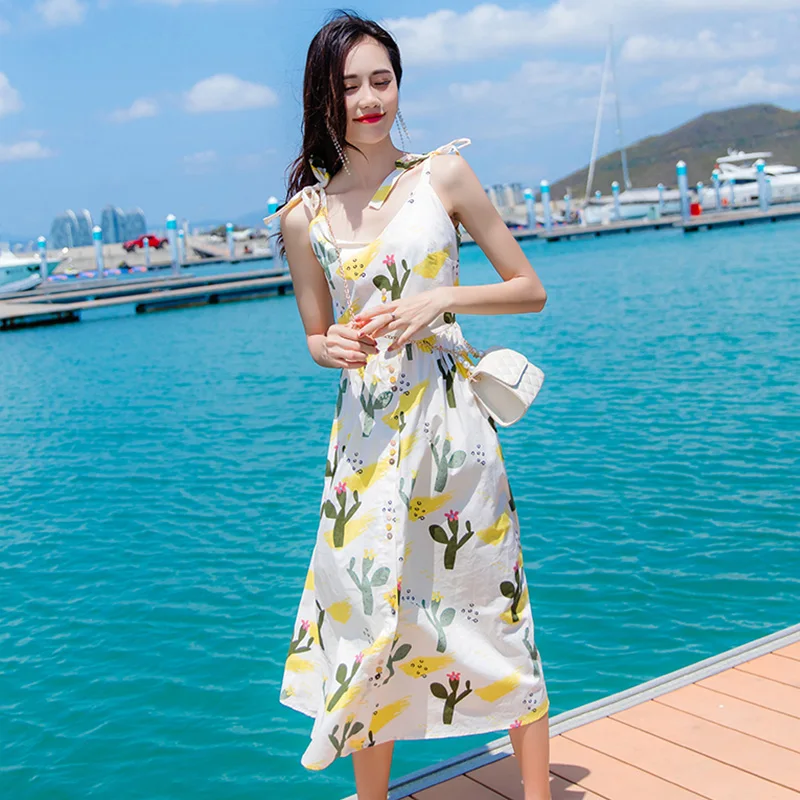 

Cactus Print Summer Dresses Women Holiday Beach Dress Women v Neck Bow Spaghetti Strap Buttons Dress Female Vestidos
