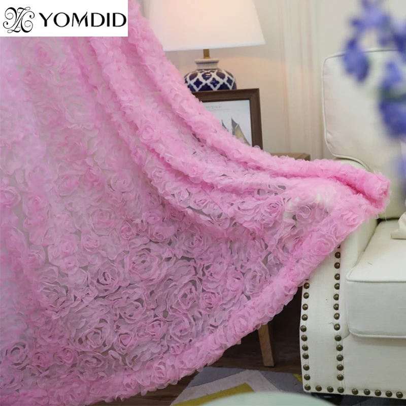 

New 3D roses curtains for living room bedroom romantic Pink flower curtain Europe style short tulle curtain cortina home decor