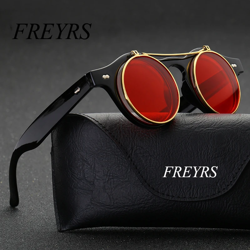 

Retro Steampunk Googles Vintage Round Flip Up Sunglass Women Mens Clip On Sunglasses Metal Punk Sun Glasses Male Oculos 036