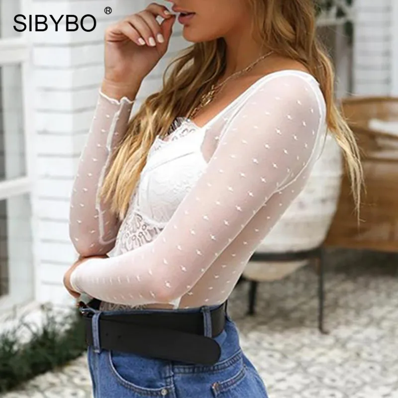 Sibybo перспективный сетчатый вязаный сексуальный кружевной боди для женщин с длинным рукавом и v-образным вырезом Облегающий комбинезон женские вечерние комбинезоны и комбинезоны