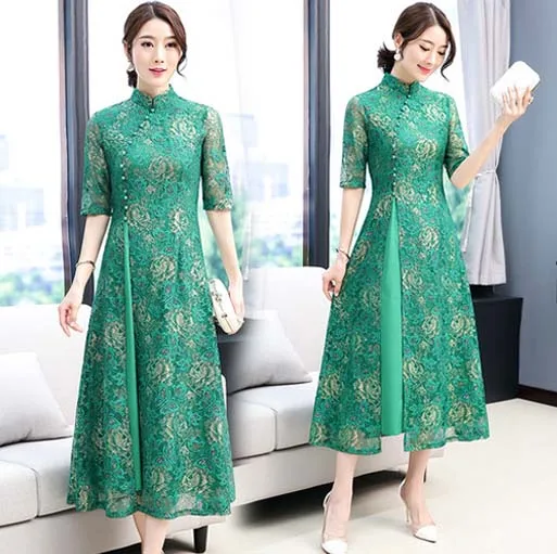 Весеннее гладильное Золотое Ретро китайское традиционное платье из шелка и хлопка Cheongsam женское свадебное китайское Восточное вьетнамское аозай - Цвет: green