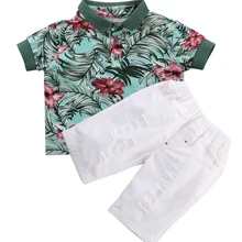 Детская одежда для мальчиков, рубашка с цветочным принтом, топы+ шорты, комплект одежды из 2 предметов, костюм для детей, лето, Повседневная рубашка и шорты для маленьких мальчиков