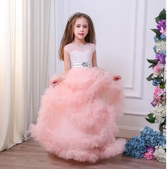 V-Back Pink Flower Girl Dress Princess Bridesmaid Party Ball Gown Formal Pageant