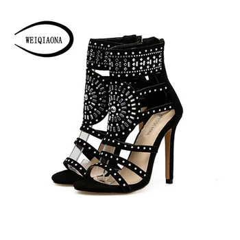 

WEIQIAONA 2018 Women sandal boots Summer Peep Toe High Heels Hollow Gladiator Thin Heel Crystal Rhinestone Party Shoes Woman