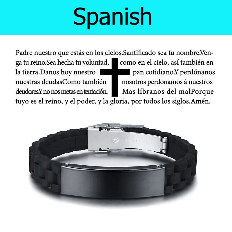 Vnox лазерный христианский молитвенный силиконовый браслет для мужчин испанский итальянский французский язык - Окраска металла: Spanish