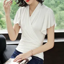 Европейский стиль; Новинка; в стиле Лето Для женщин высокое уличный стиль сексуальный v-образный вырез с рукавом-бабочкой, с бретелями крест-накрест и T рубашка, Топы женские рубашки