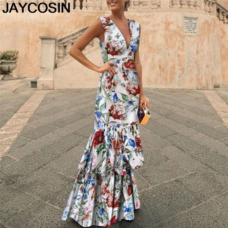 

JAYCOSIN 2019 New Summer Women Dress Bohemian V-Neck Sleeveless Fashion Draped Ankle-Length Tank Dresses Vestido jy9