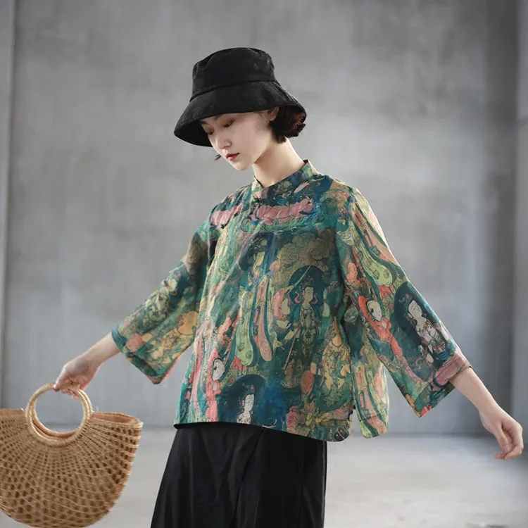 

National Wind Pearl Buttons Print Shirt Literary Retro Chinese Tea Shirt Stand Collar Shirt Seven Sleeve