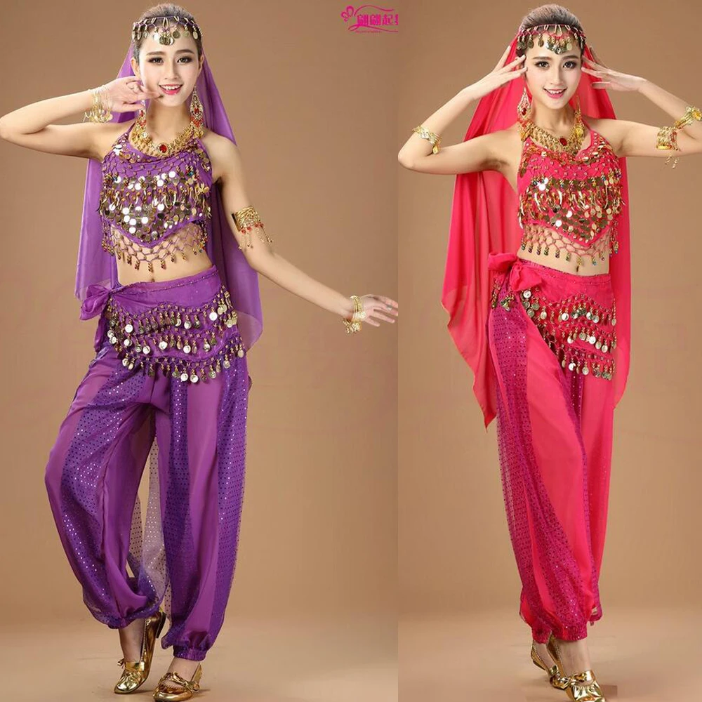 Girls Sequined Ballroom Bollywood Dancing dress Indian Belly Party Dance wear Costumes Suits Set For Women Chiffon belly Outfits