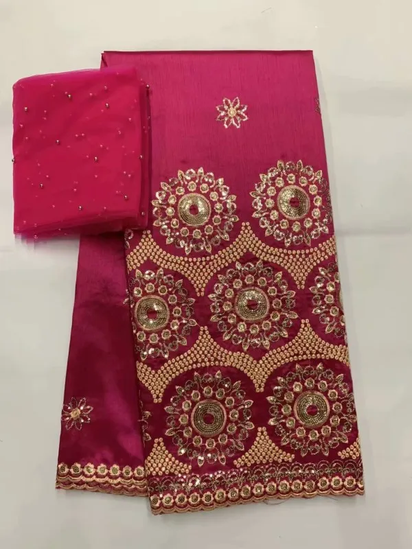 

High Quality 5yards Indian African George Fabric Wrappers with 2yards beads Lace Fabrics Set with Blouse for Wedding FFB6-14