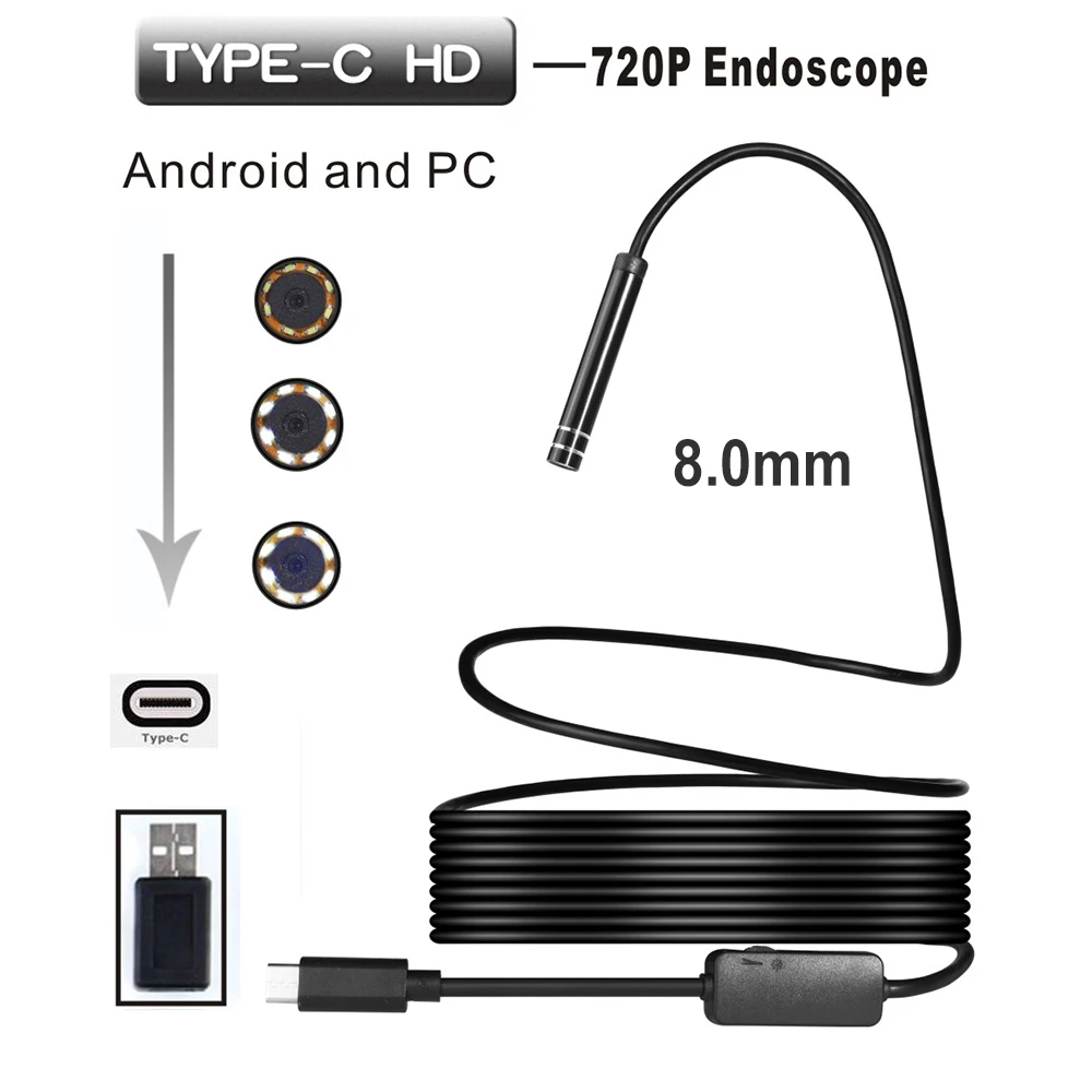 720P 8mm Lens Type-C USB Endoscope Borescope Tube Waterproof Inspection Endoscope Mini Camera For Android Phone Windows PC