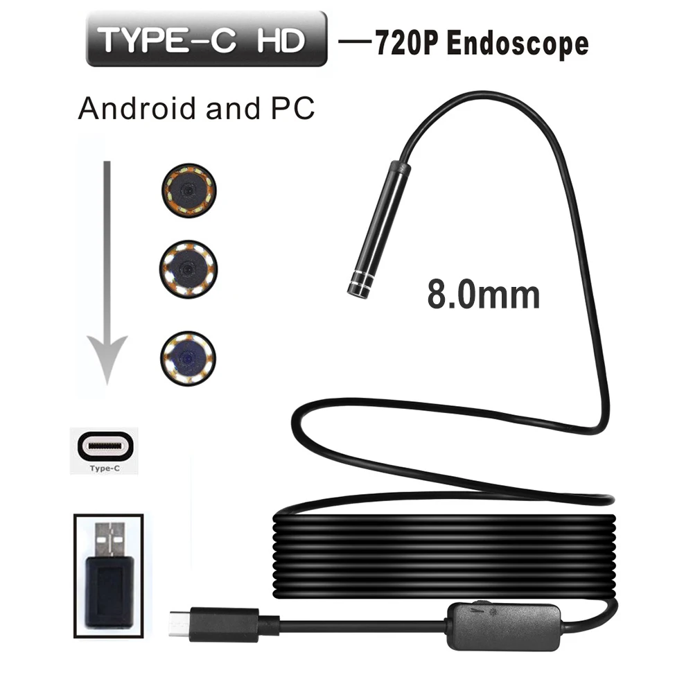 

8MM Type-C USB Computer Endoscope Borescope Tube IP67 Waterproof Inspection 720P Video Underwater Camera For Android 1M 3M 5M