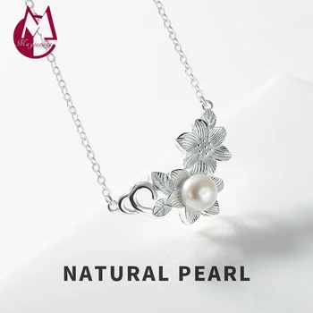 

2019 Flower Natural freshwater pearl leaf Long Necklace Pendant 100% 925 Sterling Silver Women Love chain Neckalce Jewelry R011