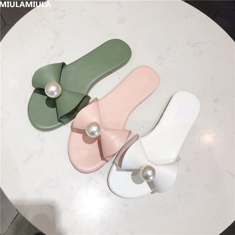 

MIULAMIULA Brand Designers 2019 Summer Sweet Butterfly-knot Pearl Flat Slides Slip On Loafers Mules Flip Flops Pink White Green