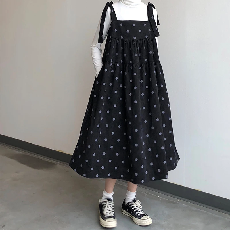 

Women Spring Corduroy Dot Print Bandage Strap Braces Dress Vestidos Preppy Style Boho Beach Loose Large Plus Size A-line Dress