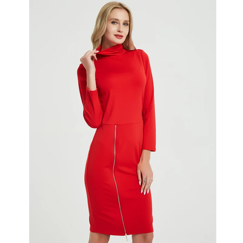 

Uguest Women Sexy Red Dress Spring High Neck Dress Elegant Zipper Solid Mini Dresses Good Quality Vestido