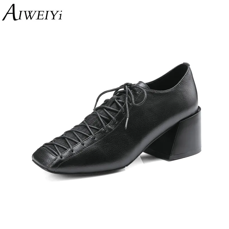 

AIWEIYi Genune Leather Pumps Black Handmade Shoes Square High Heels Lace Up Office Lady Casual Shoes Woman Ladies Wedding Shoes