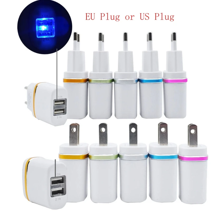 

LED Dual USB Cell Mobile Phone Charger 5V 2.1A/1A EU US Plug Wall Power Adapter