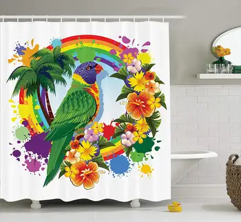 

Parrots Decor Shower Curtain Set, Parrot Lorikeet in Rainbow Circle with Palm Trees Tropical Plants Flowers Colorful Art Print