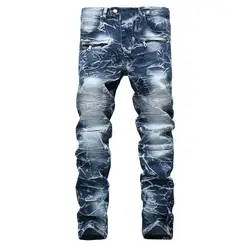 2018 для мужчин джинсы для женщин брюки девочек Ruched полной длины High Street Crest ностальгические Пейсли высокие эластичные свет культивирования