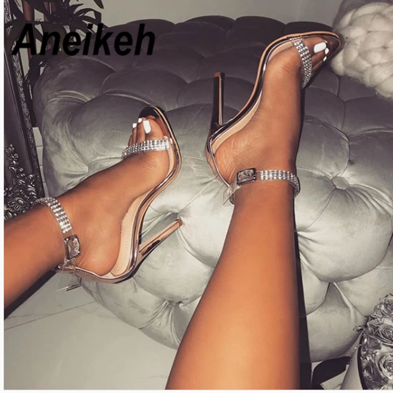 

Aneikeh New Fashion Pumps High Heels Crystal Rhinestone Buckle Strap Sandals Summer Sexy PVC Open Toe Gladiator Dress Lady Shoes