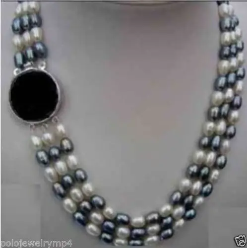 

FREE SHIPPING HOT sell new Style >>>> Jewelry 3 Rows Oval White / Black Pearl Necklace