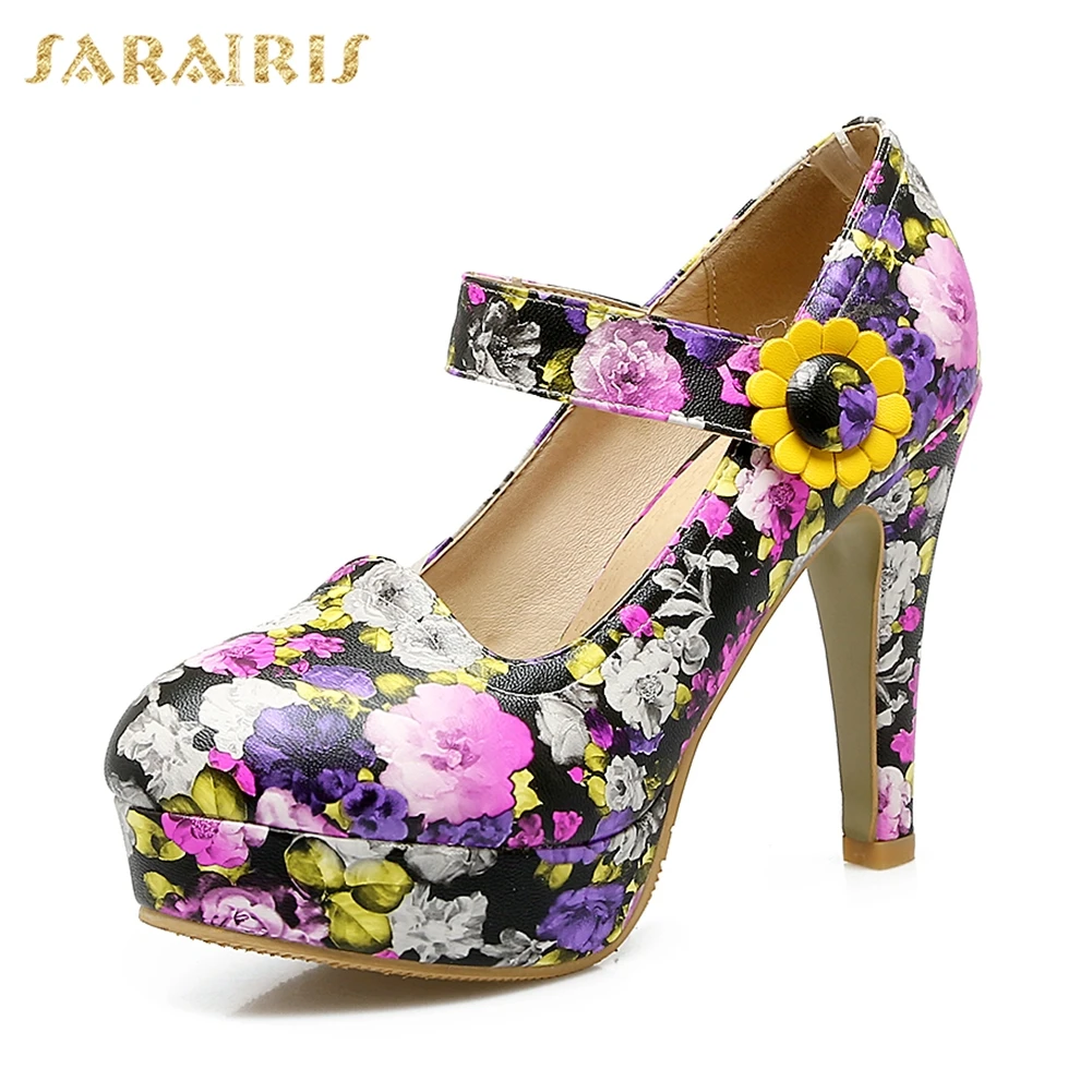 

Sarairis New Sweet Flower Platform Pumps Women 2019 Autumn Plus Size 31-48 Print Women Date Shoes Woman High Heels