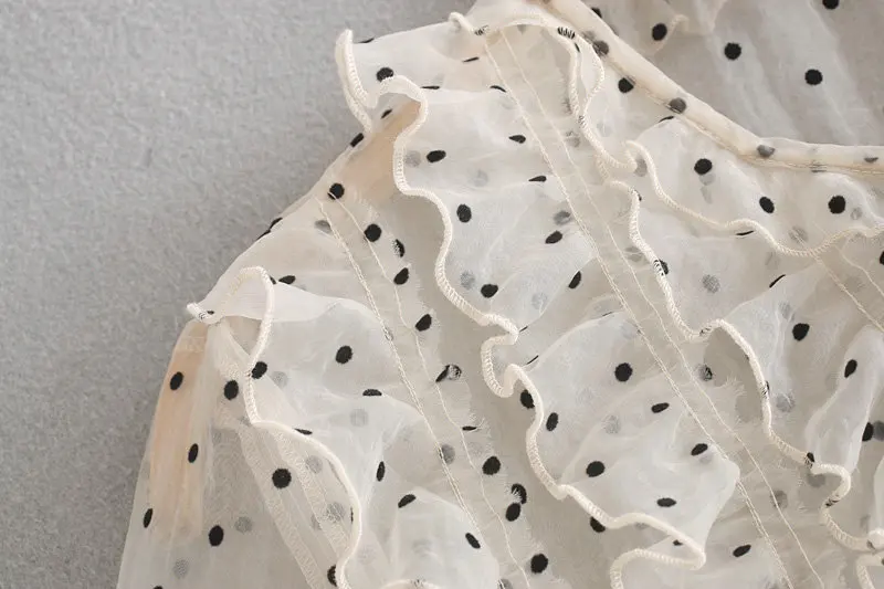 Сексуальная Женская блузка в горошек из прозрачной органзы, топы, лето, с оборками и круглым вырезом, с коротким рукавом, женские блузы, femininas