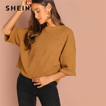 

SHEIN Camel Drop Shoulder Rib-Knit Round Neck Three Quarter Length Sleeve Solid Tee Autumn Women Casual Women Tshirt Top