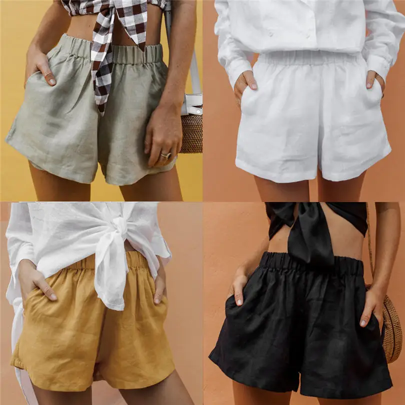 New Women Short Summer Hot Sale Beach Fashion Casual High Waist Loose Casual Cotton Linen Pockets Shorts Pants #4A19 (1)