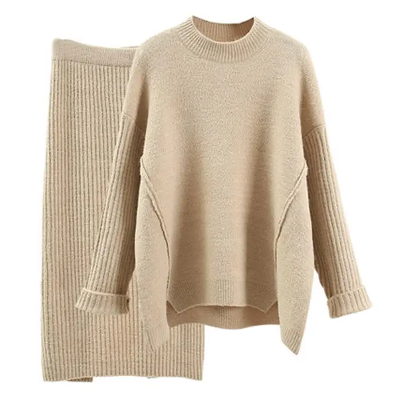 

High quality fashion winter women's long-sleeved sweaters and skirts 2 pieces set exquisite stitching solid color dress elegant