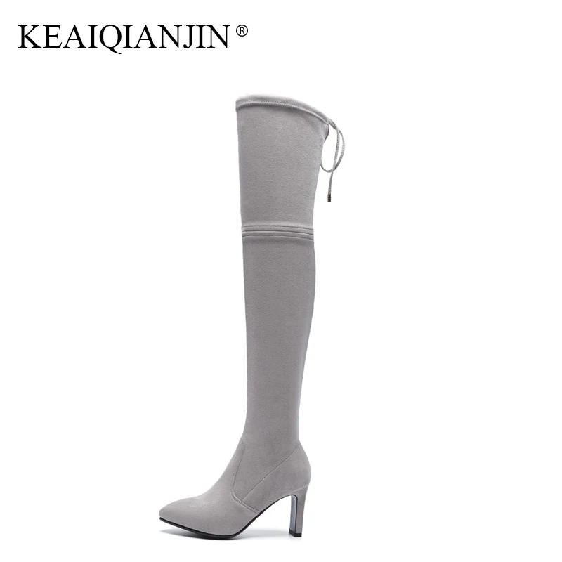 

KEAIQIANJIN Autumn Winter High Heeled Boots Fashion Black Red Thigh Knee High Boots Woman Genuine Leather Over The Knee Boots