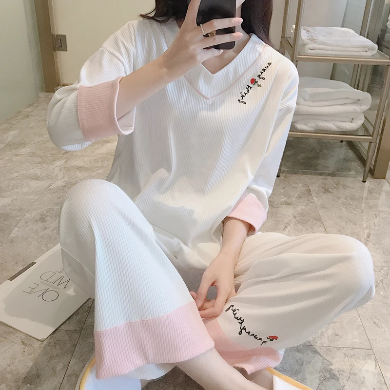 

2019 Spring Autumn 100% cotton V-neck Pajamas Sets for Women Long Sleeve Pyjama Girls Cute Sleepwear Suit Homewear Pijama Mujer