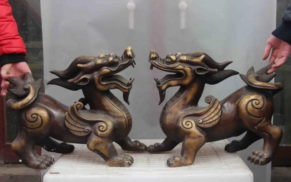 

China Bronze Copper Fengshui Foo Dog Lion Pixiu Kirin kylin Unicorn Statue Pair
