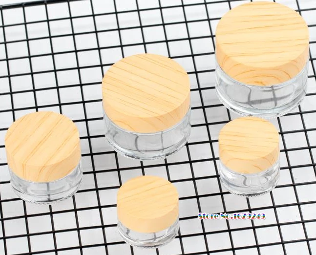 

Clear Glass Bottles Cream Jars with Wood Texture Lid, Empty Cosmetic Comtainers, transparent glass Case 100pcs/lot