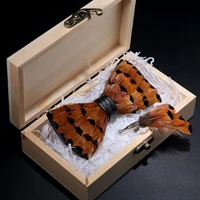 KAMBERFT design handmade feather bow tie brooch wooden box set high quality men's bowtie leather tie for wedding party banquet 3