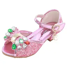 Новая детская обувь на весну и лето цветные сандалии с бриллиантами на высоком каблуке в Корейском стиле с бантом для девочек Повседневная пляжная обувь для детей