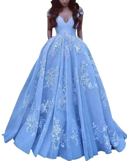Элегантное бальное платье с открытыми плечами, атласное платье для выпускного вечера, кружевное платье в пол с аппликацией, вечерние платья, Vestido Festa - Цвет: Синий
